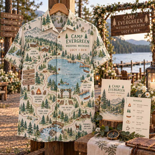 Camp Wedding Trail Map Short Sleeve Button-Down Shirt; hero. One Day for Lifetime