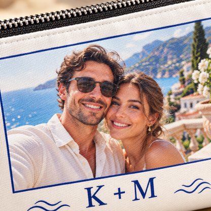 Honeymoon Postcard Cosmetic Bag; print detail. One Day for Lifetime