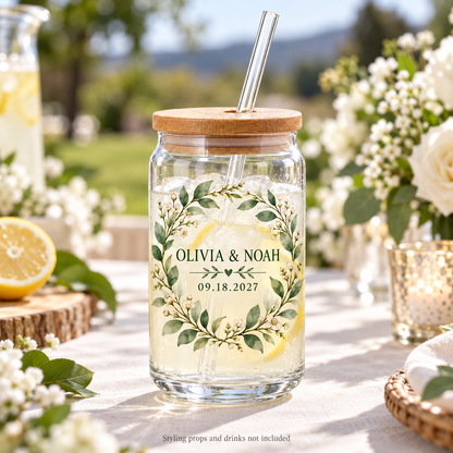 Sage Wreath personalized sipper glass - wedding table
