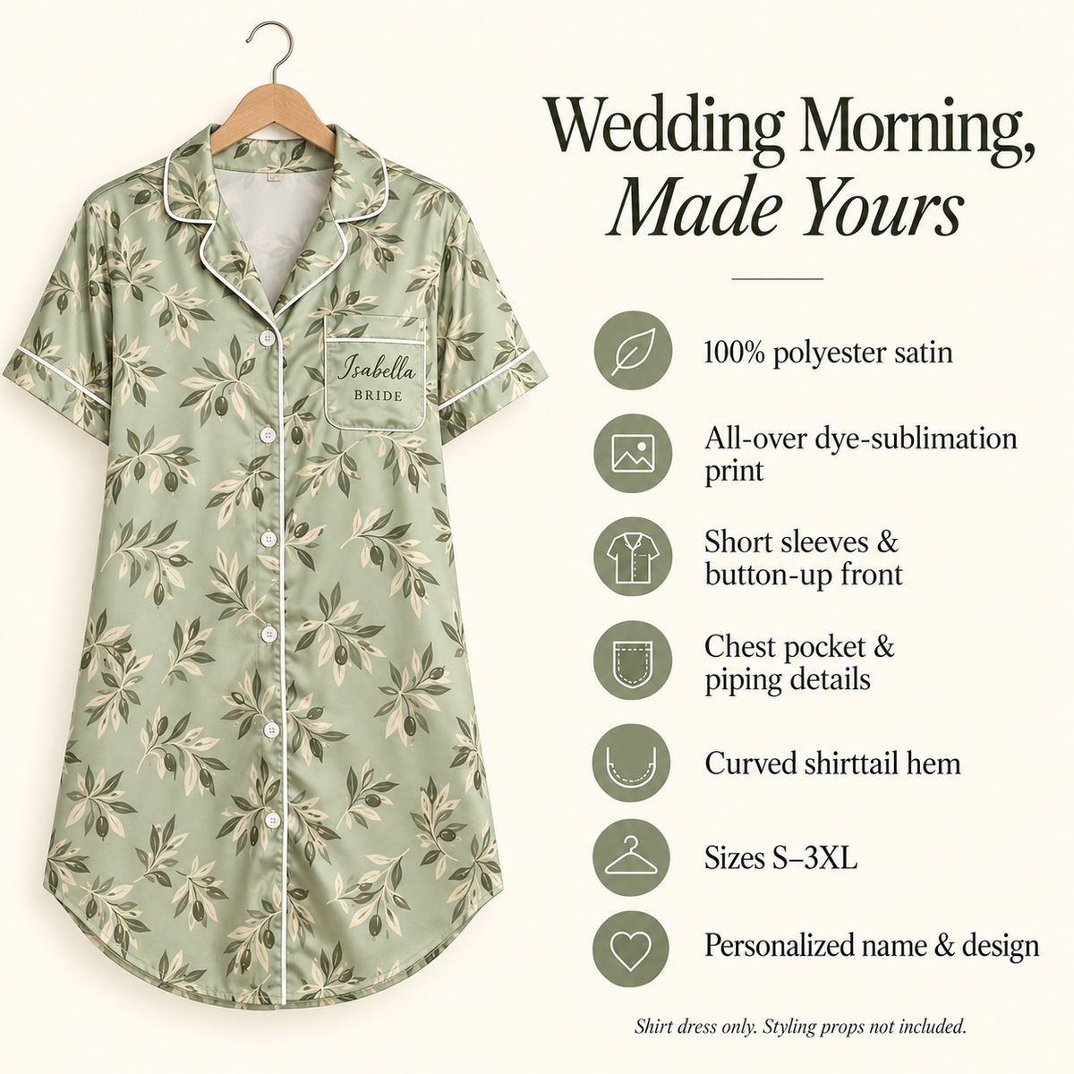 Olive Garden Morning | Personalized Satin Pajama Shirt Dress - information