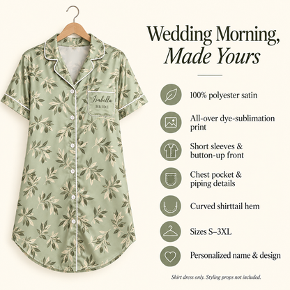 Olive Garden Morning | Personalized Satin Pajama Shirt Dress - information