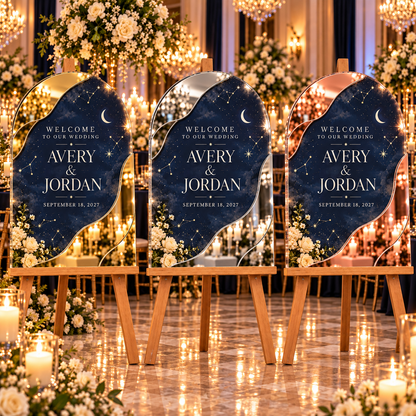 Midnight Celestial Personalized Mirror Acrylic Welcome Sign; color variants. One Day for Lifetime