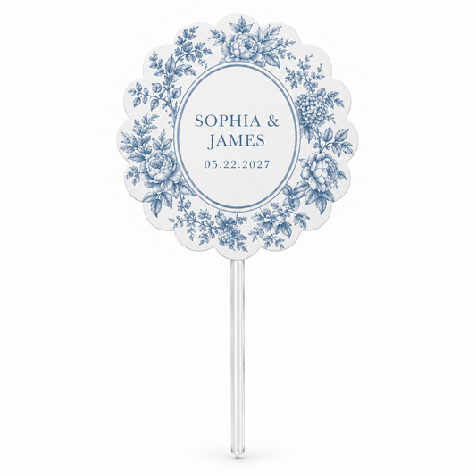 Dusty Blue Toile personalized wedding cupcake topper - hero