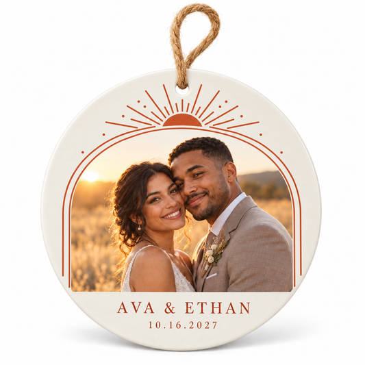 Terracotta Sun Arch personalized ceramic photo ornament - hero