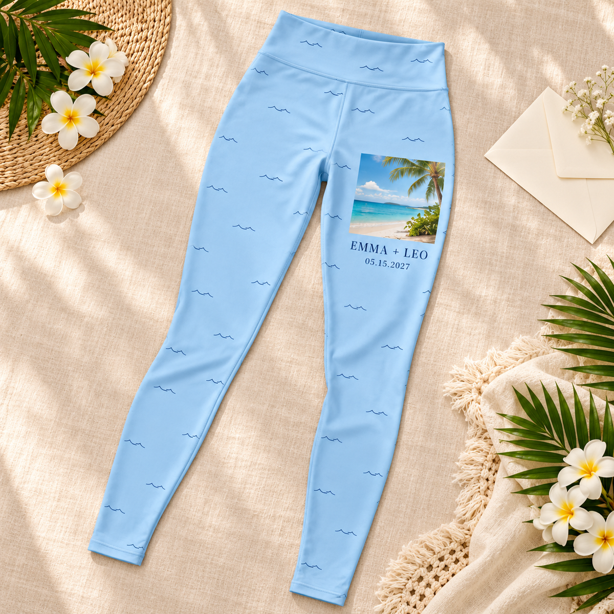 Honeymoon Postcard Personalized Leggings; styled flatlay. One Day for Lifetime