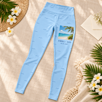 Honeymoon Postcard Personalized Leggings; styled flatlay. One Day for Lifetime