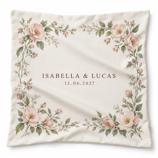 Blush Wild Rose personalized wedding pillow cover - hero