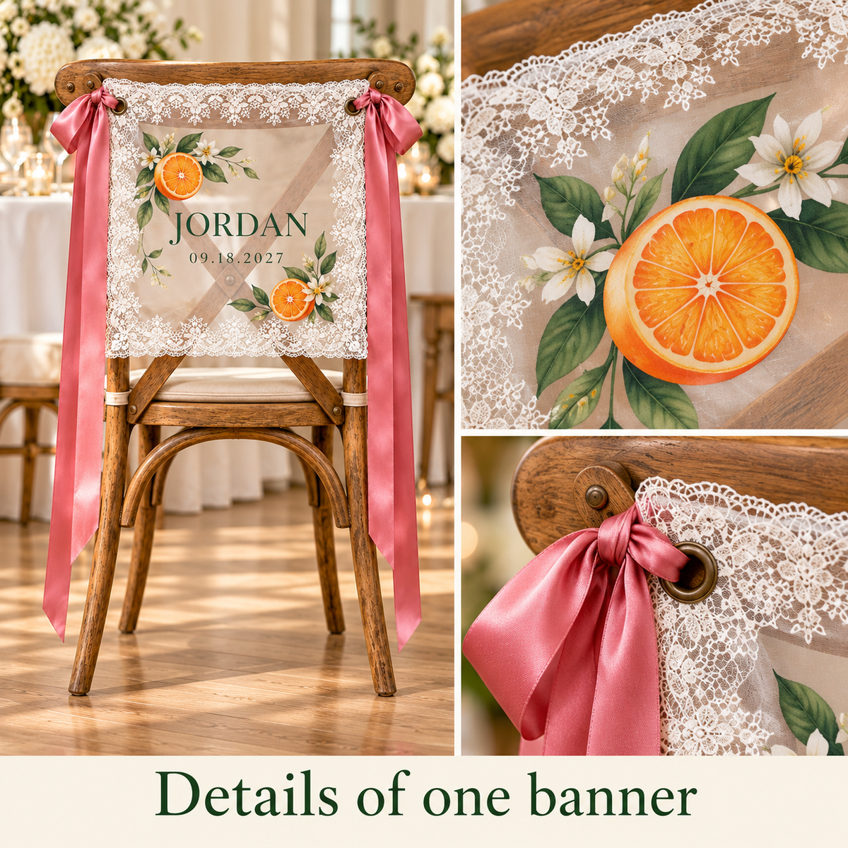 Citrus Gathering Personalized Lace Chair Banner; detail. One Day for Lifetime
