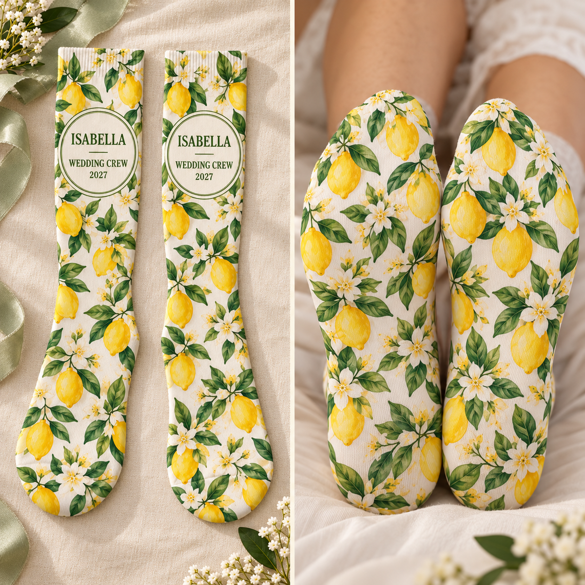 Citrus Wedding Party Socks; front and sole. One Day for Lifetime