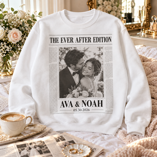 Wedding Newspaper Personalized Crewneck Sweatshirt; hero. One Day for Lifetime