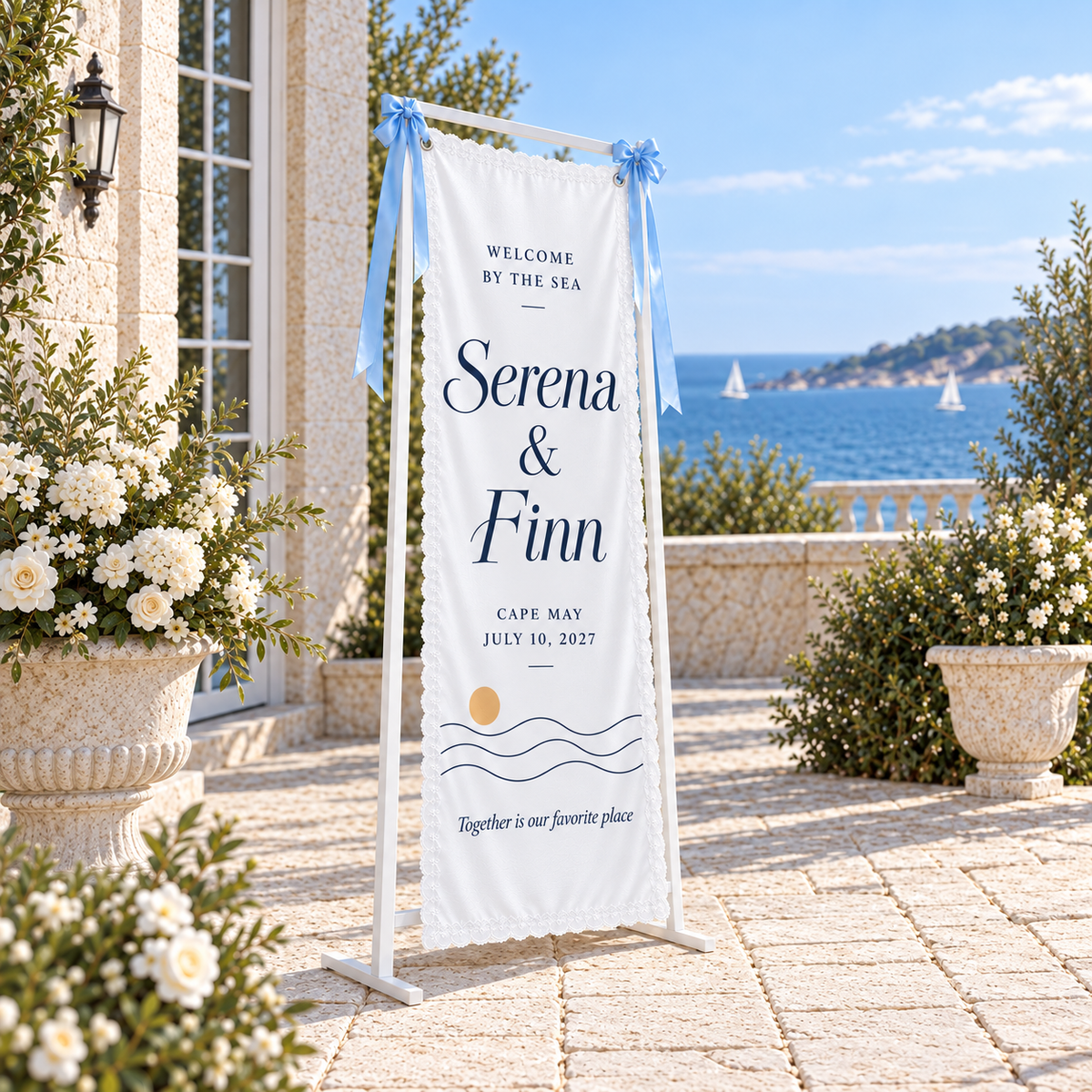 A Tide of Welcome | Personalized Lace Wedding Banner - left oblique