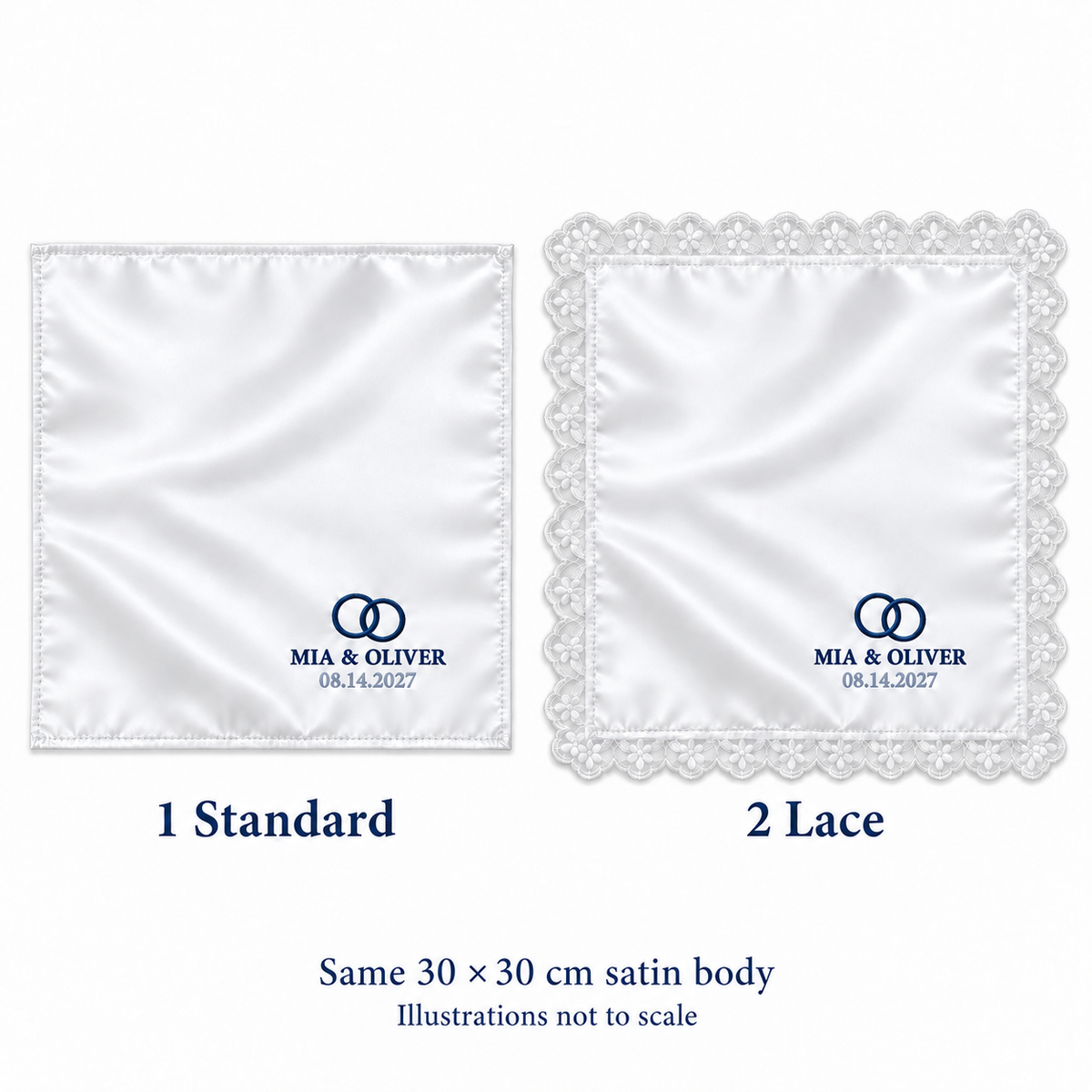 Navy Rings embroidered satin wedding handkerchief - hem options