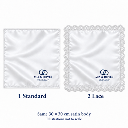 Navy Rings embroidered satin wedding handkerchief - hem options