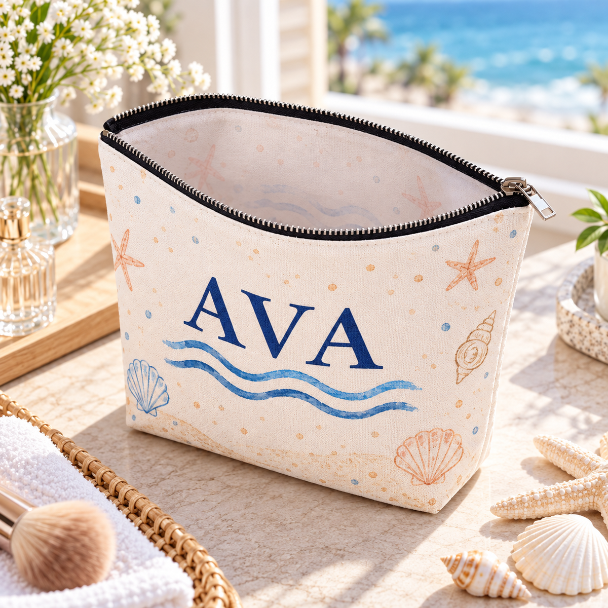 Coastal Wedding Weekend Cosmetic Bag; open interior. One Day for Lifetime