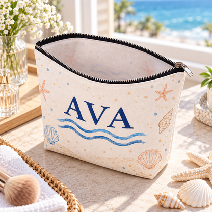 Coastal Wedding Weekend Cosmetic Bag; open interior. One Day for Lifetime