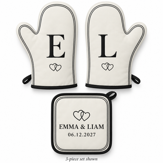 Linked Hearts personalized oven mitt and pot holder - hero