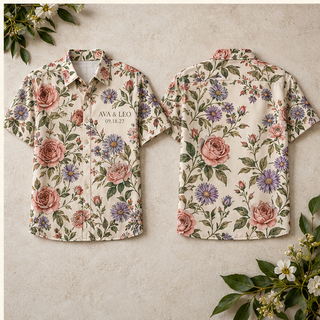 Birth Flower Garden Short Sleeve Button-Down Shirt; alternate personalization. One Day for Lifetime