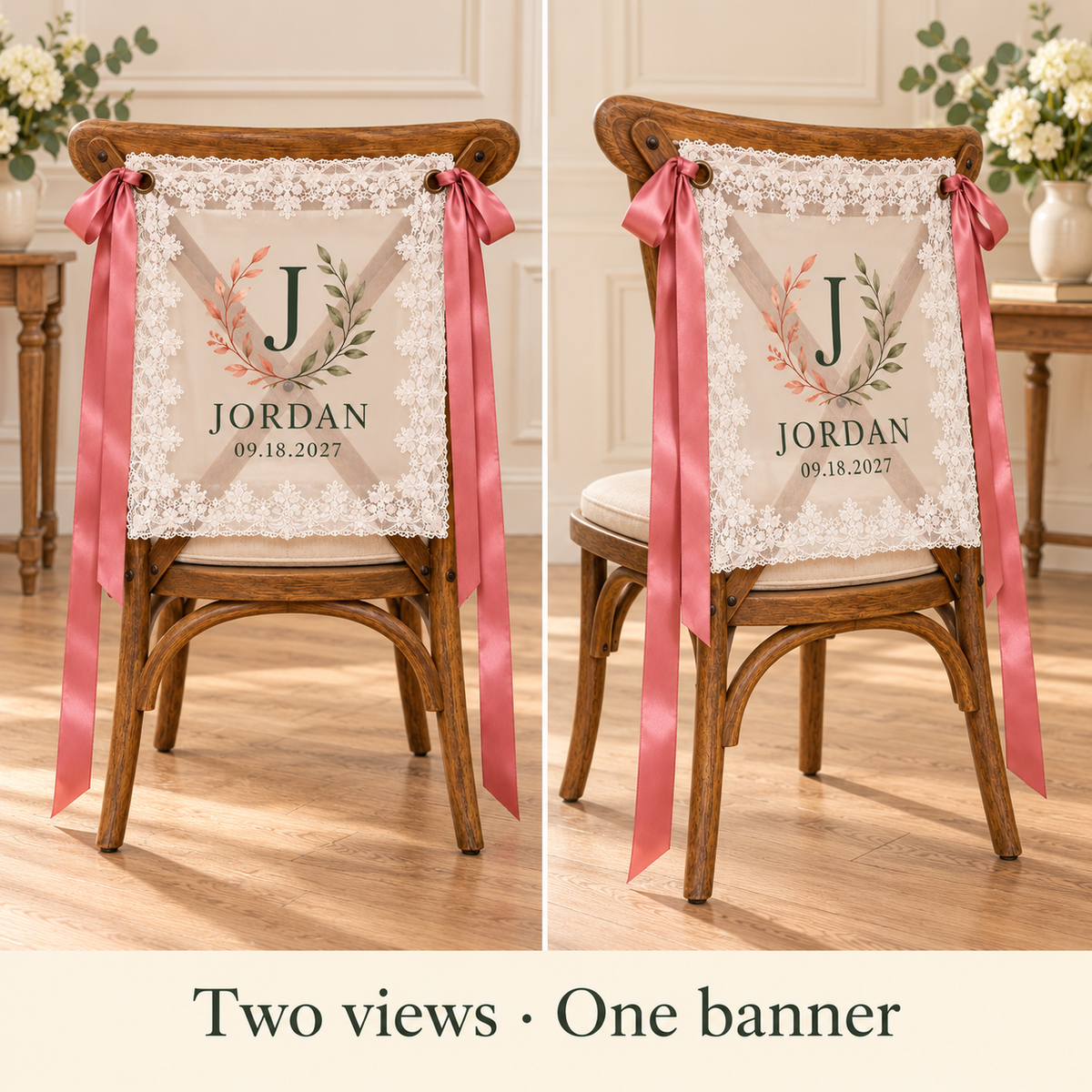 Family Keepsake Personalized Lace Chair Banner; multiview. One Day for Lifetime