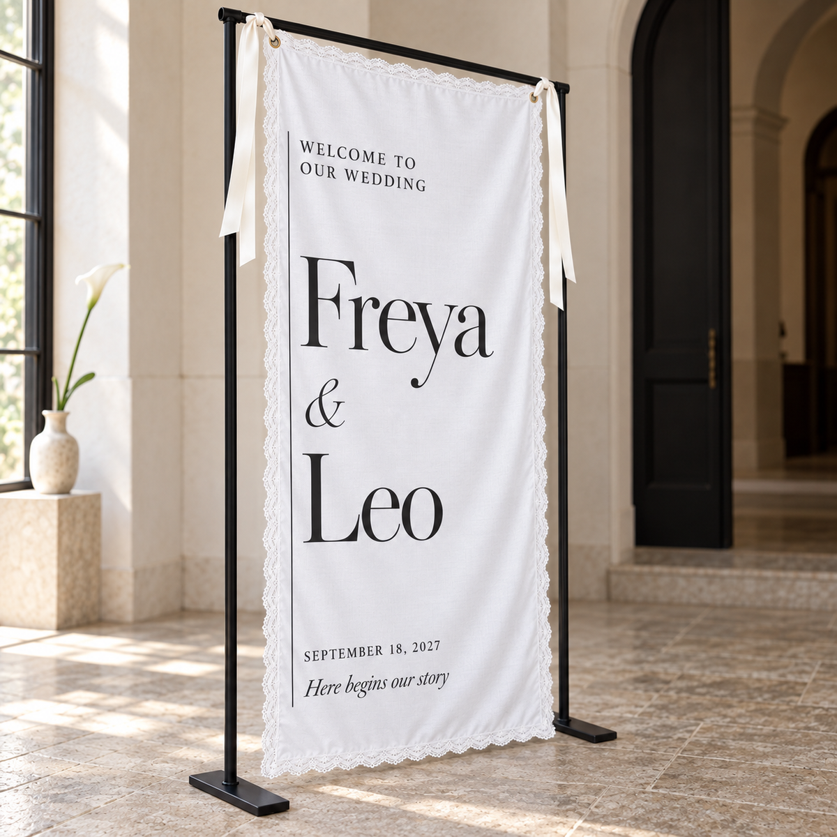 Modern Margin | Personalized Lace Wedding Banner - left three quarter