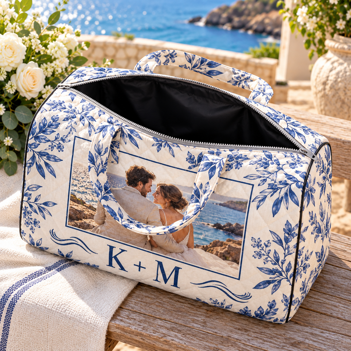 Honeymoon Memory Personalized Quilted Weekend Bag; open interior. One Day for Lifetime
