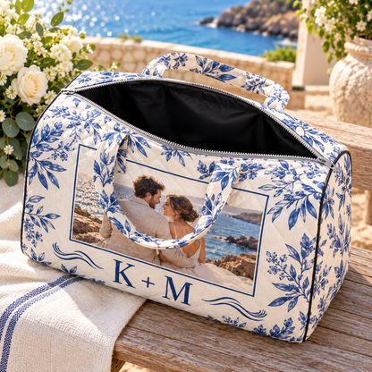 Honeymoon Memory Personalized Quilted Weekend Bag; open interior. One Day for Lifetime
