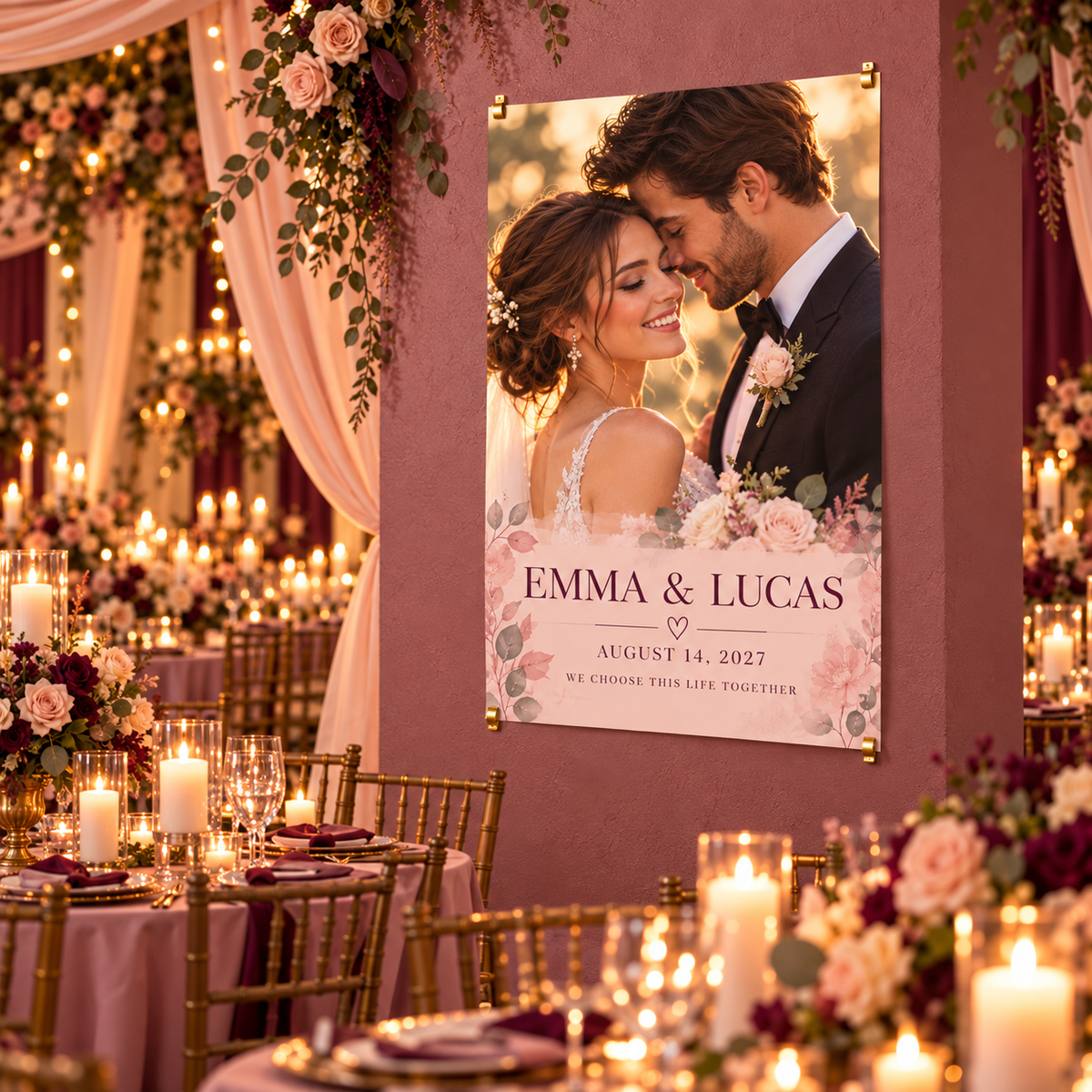 Vow Lines Portrait Personalized Wedding Poster; venue context. One Day for Lifetime