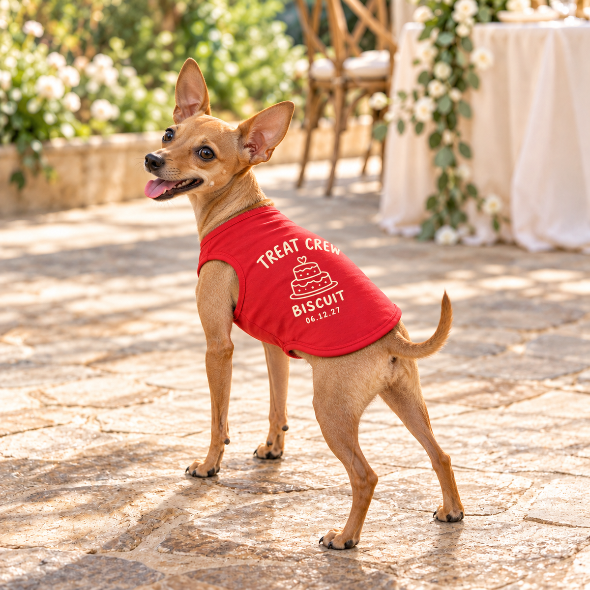 Wedding Brunch Treat Crew Pet Tank Top; lifestyle context. One Day for Lifetime