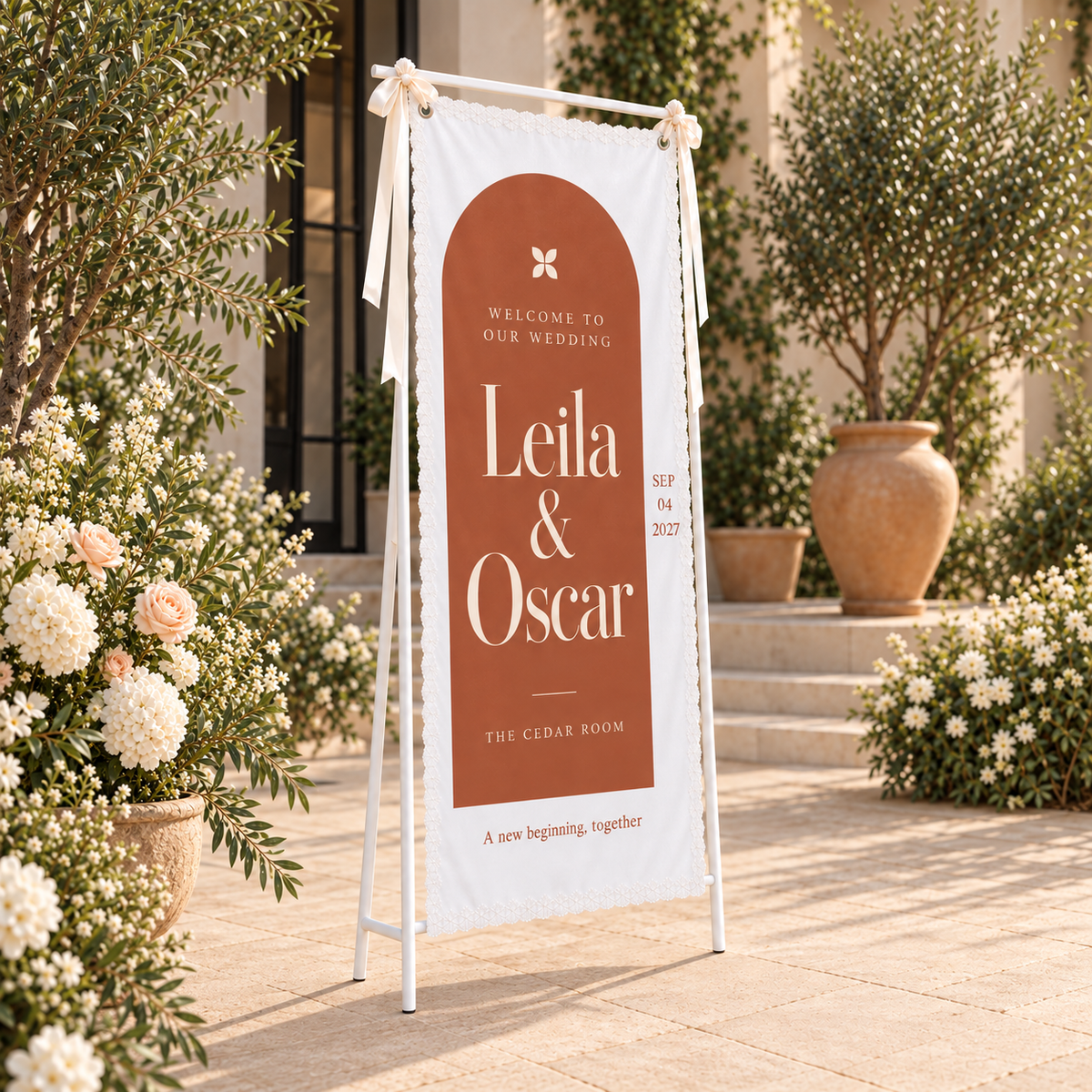 Through Our Painted Arch | Personalized Lace Wedding Banner - left oblique