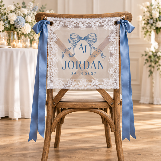 Ribbon Outline Personalized Lace Chair Banner; hero. One Day for Lifetime