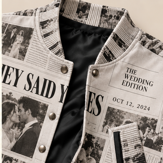 Wedding Newspaper Varsity Jacket; print material detail. One Day for Lifetime