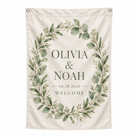 Sage Botanical personalized wedding house flag - product hero