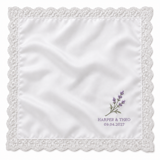Lavender Sprig embroidered satin wedding handkerchief - hero