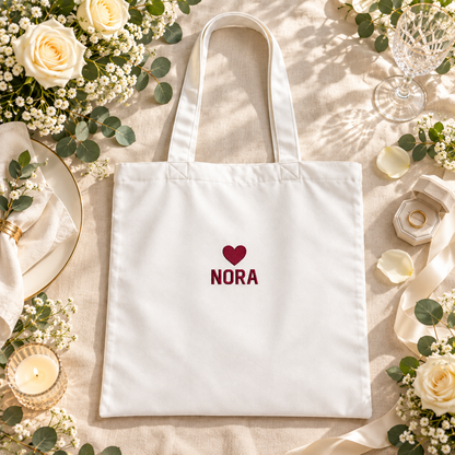 Heartfelt Mother Gift Embroidered Tote Bag; styled flatlay. One Day for Lifetime