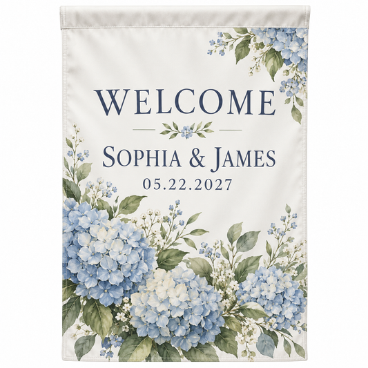 Dusty Blue Hydrangea personalized wedding garden flag - hero