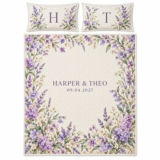 Lilac Meadow personalized quilt bedding set - hero