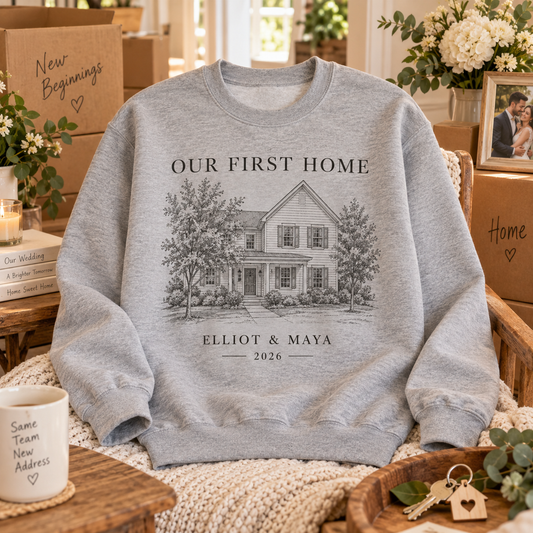 First Home Newlyweds Personalized Crewneck Sweatshirt; hero. One Day for Lifetime