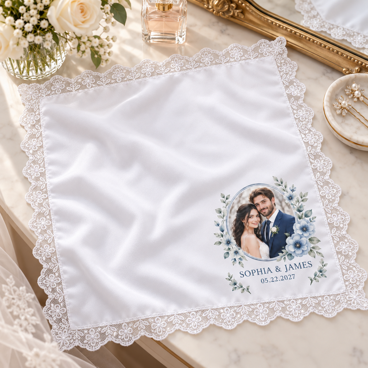 Blue Floral Photo printed satin wedding handkerchief - vanity