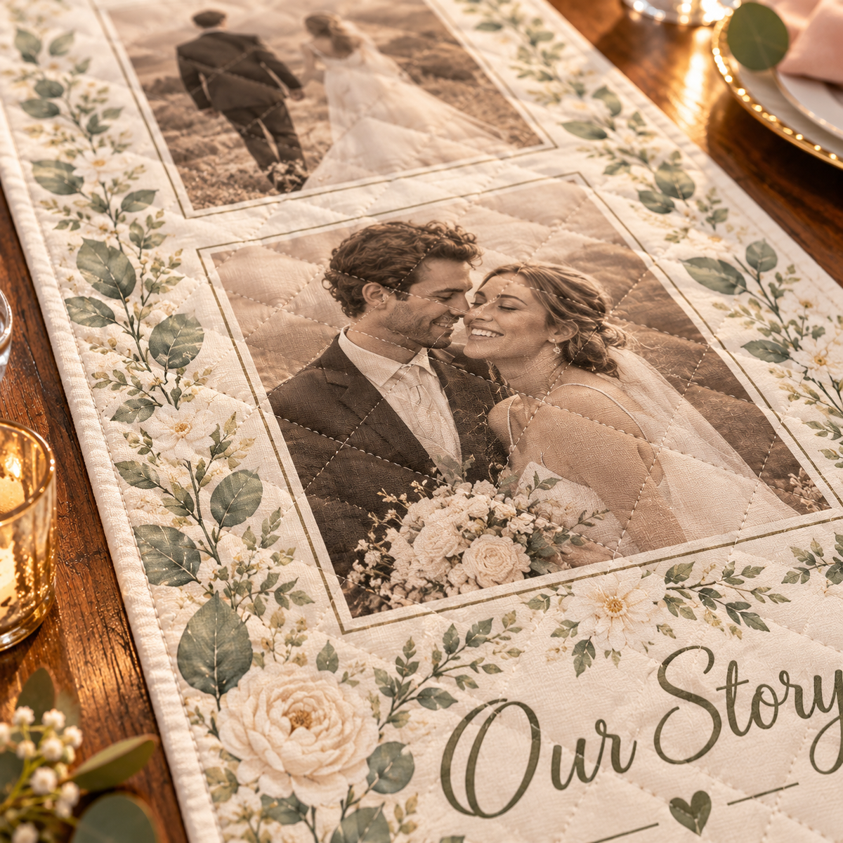 Our Story in Photos Quilt Table Runner; quilt detail. One Day for Lifetime