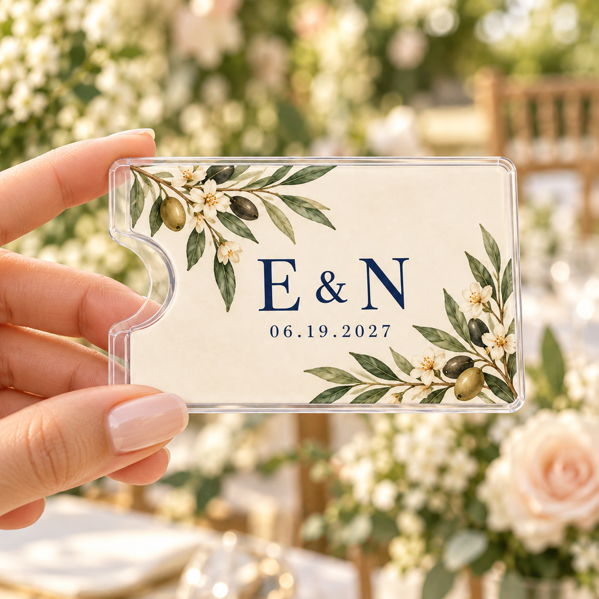 Olive Monogram Card Sleeve; handheld. One Day for Lifetime