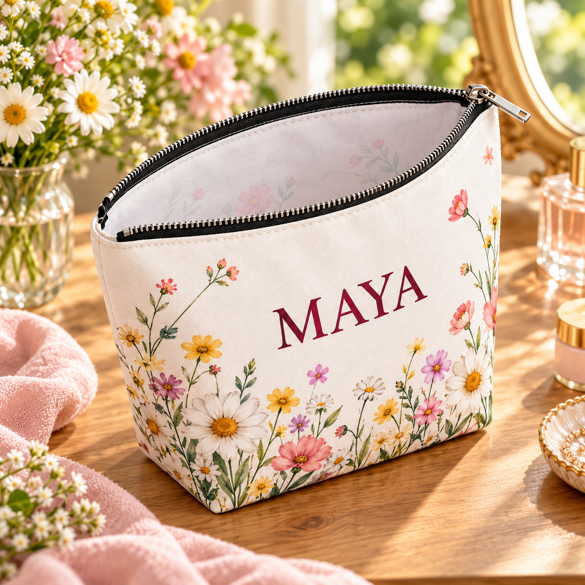 Pressed Meadow Cosmetic Bag; open interior. One Day for Lifetime