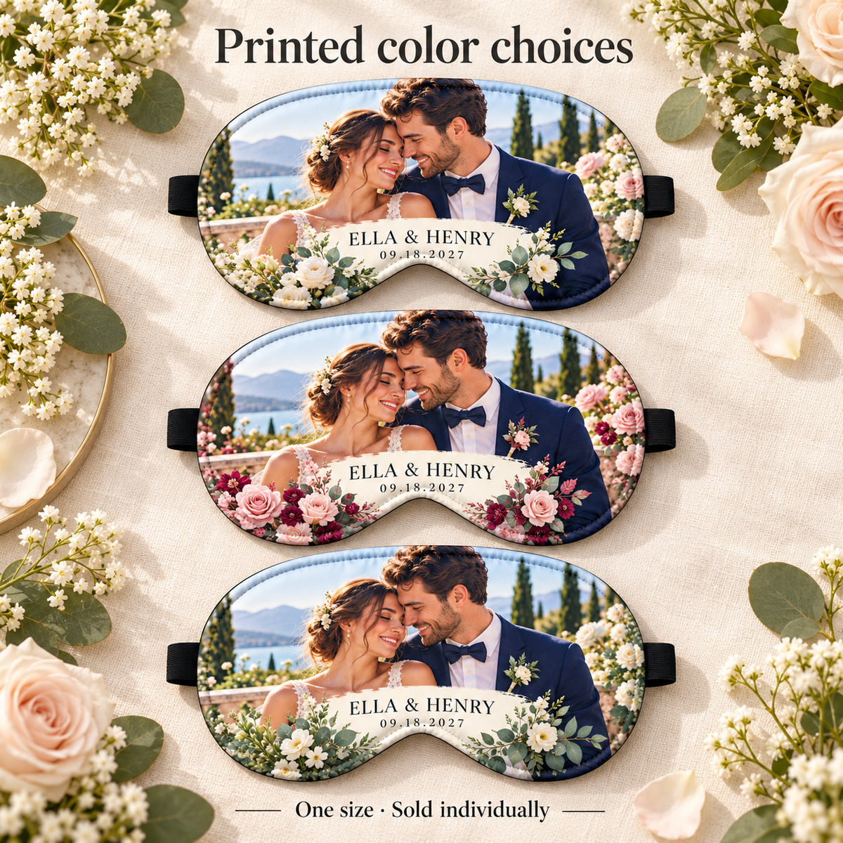 Wedding Photo Memory Sleep Mask; color options. One Day for Lifetime