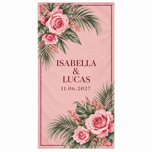 Blush Rose Palms personalized wedding beach towel - front