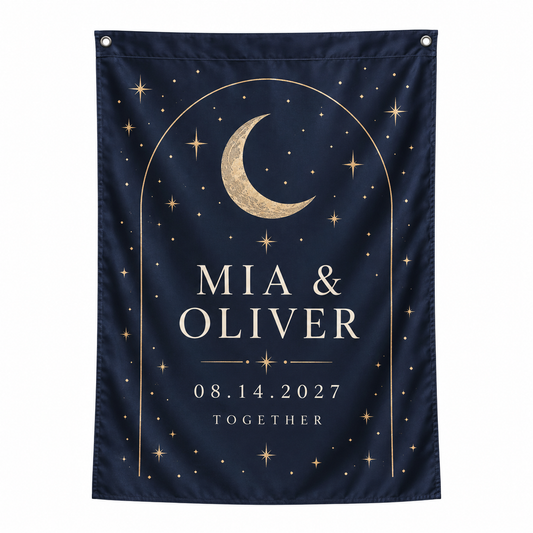 Navy Celestial personalized wedding house flag - product hero
