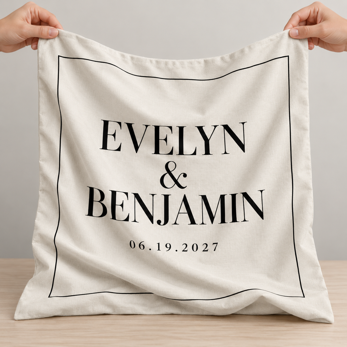Ivory Editorial personalized wedding pillow cover - in hands