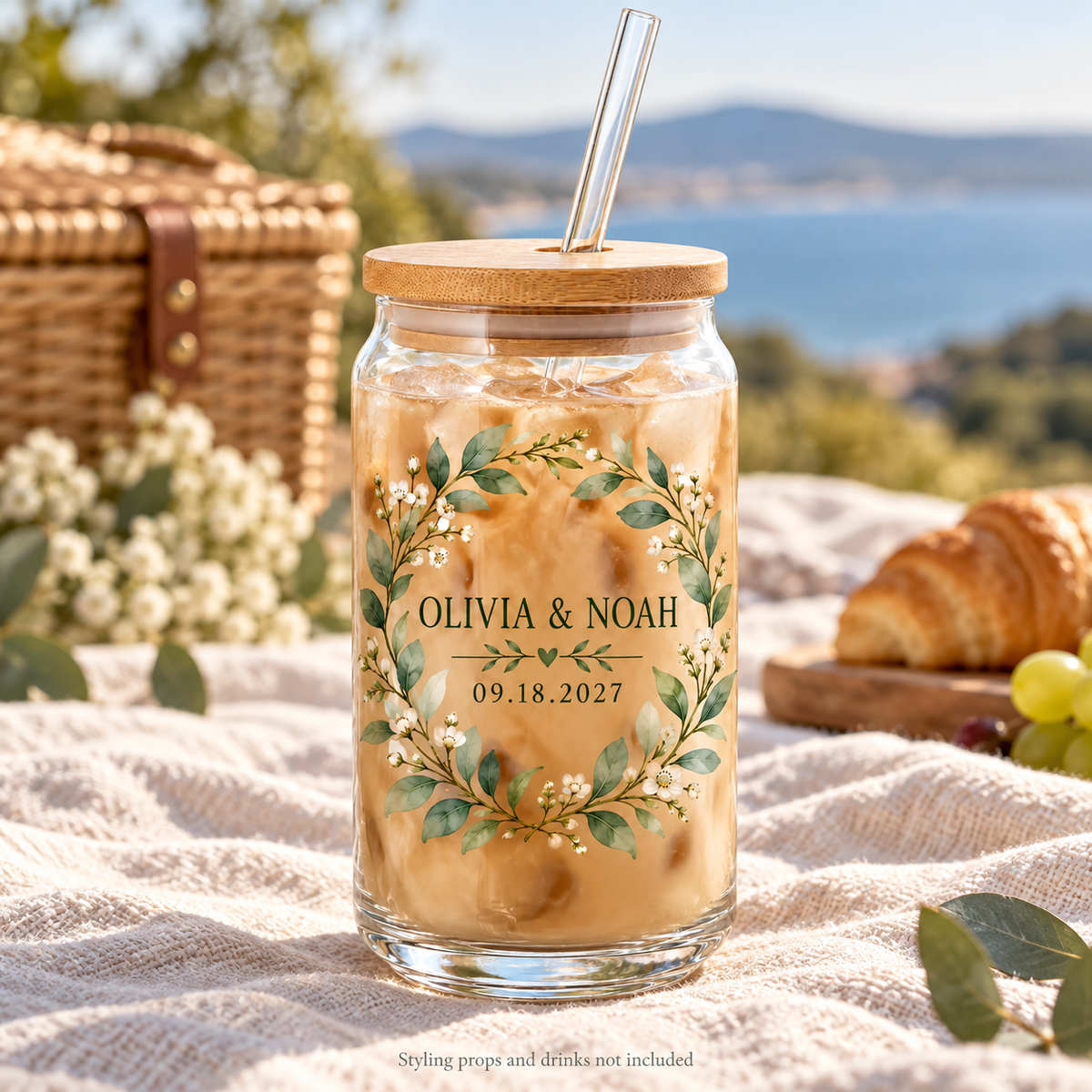 Sage Wreath personalized sipper glass - honeymoon picnic