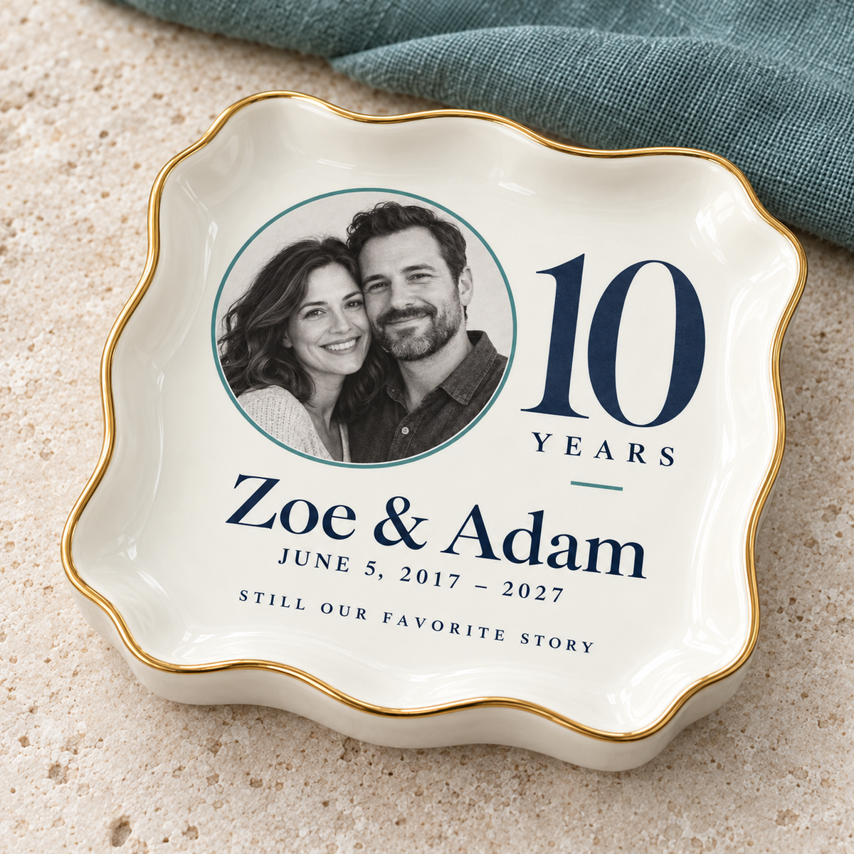 The Anniversary Portrait | Personalized Ceramic Ring Dish - three quarter
