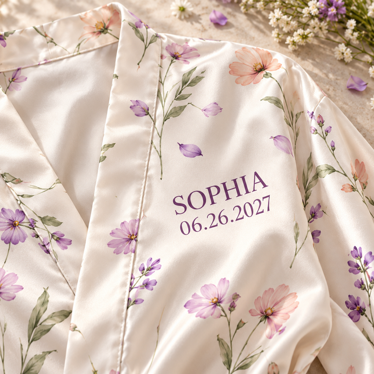 Wildflower Morning Personalized Satin Robe; print detail. One Day for Lifetime