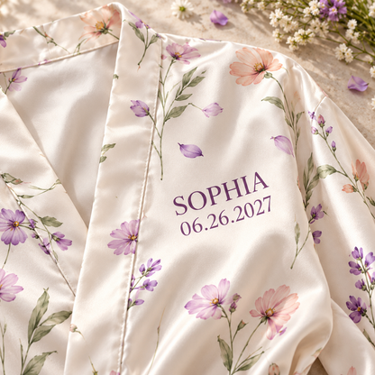 Wildflower Morning Personalized Satin Robe; print detail. One Day for Lifetime