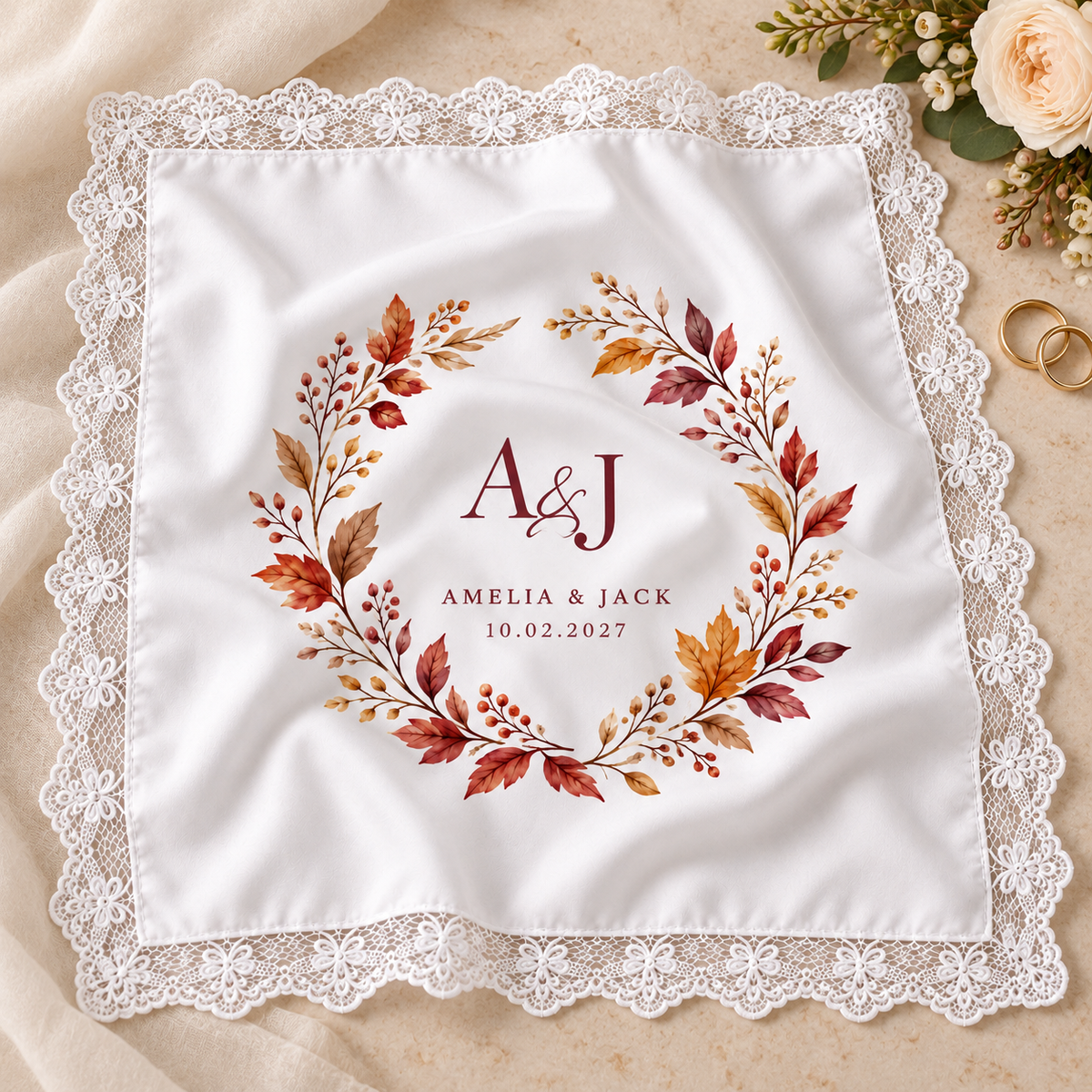 Autumn Monogram printed satin wedding handkerchief - keepsake