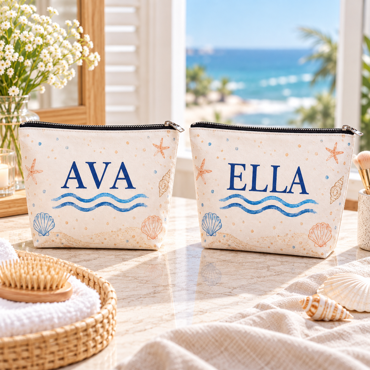 Coastal Wedding Weekend Cosmetic Bag; personalization examples. One Day for Lifetime